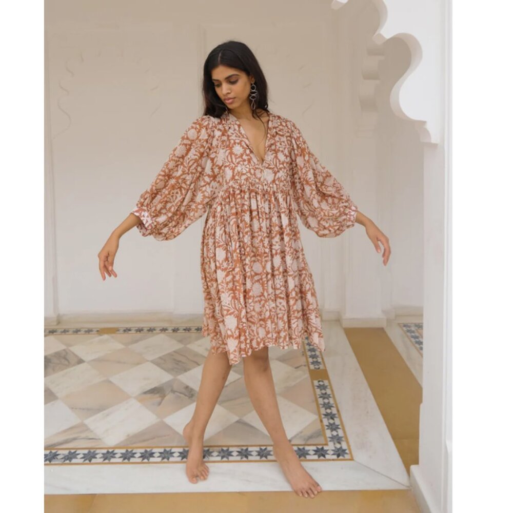 Daughters of India Cream Mini Dress with Rust Floral Print